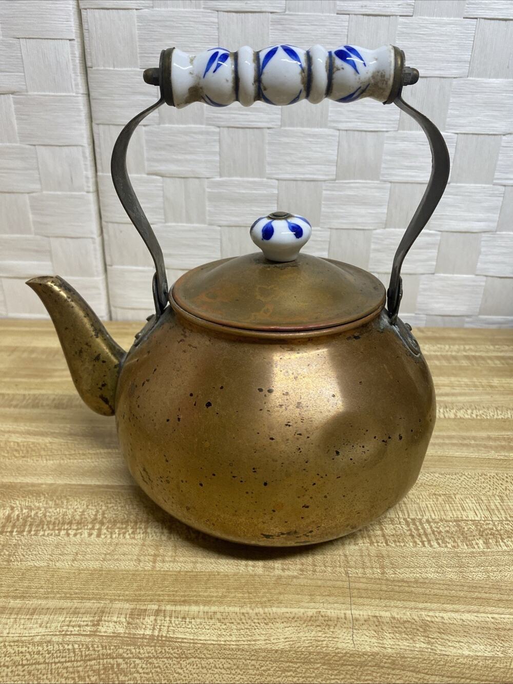 Vintage Copper Tea Kettle Teapot With Blue&White Porcelain Handle And Knob